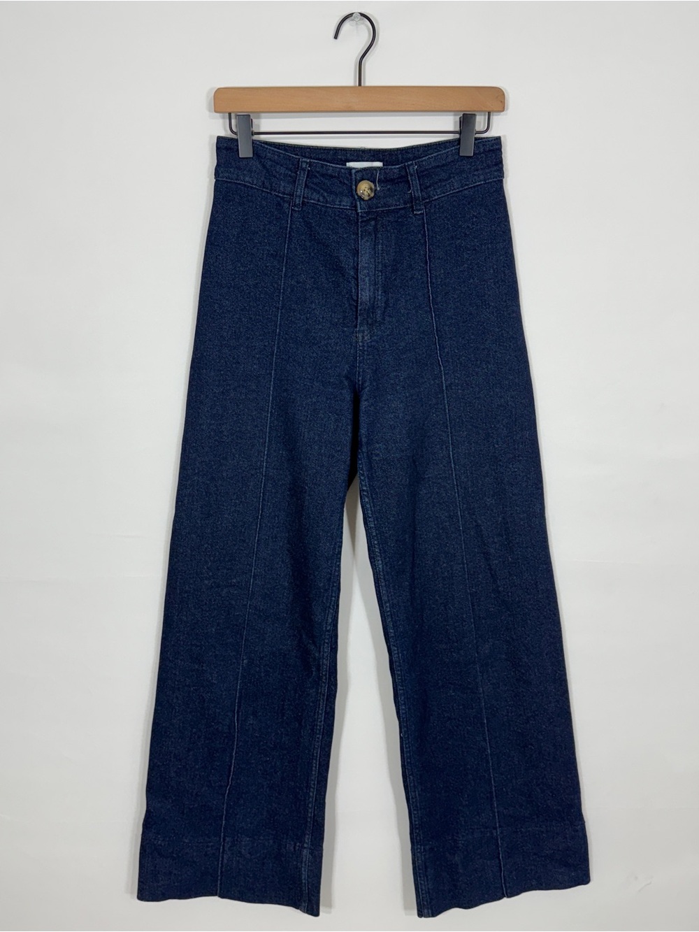 WJ104 {Mango} Dark Blue High Rise Pleated Relaxed Wide Leg Trousers Denim Jeans